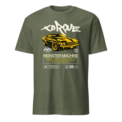 Unisex t-shirt with “Torque Monster Machine” yellow muscle car design and vintage typography, cotton short sleeve tee by LostLogicCo Canada
