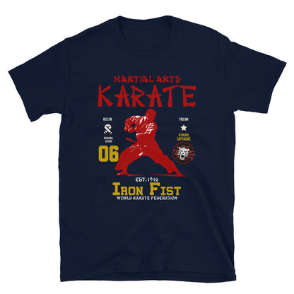 Unisex martial arts t-shirt with “Iron Fist Karate” graphic design, soft cotton short sleeve tee by LostLogicCo Canada