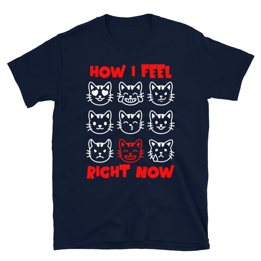 Unisex t-shirt with nine expressive cat faces and “How I Feel Right Now” text, funny mood graphic tee by LostLogicCo Canada