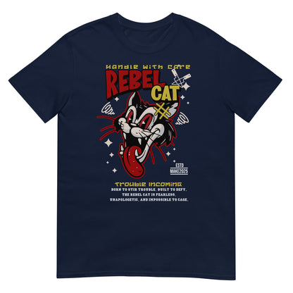 Unisex t-shirt with bold cartoon cat design and “Rebel Cat” text, edgy streetwear graphic tee by LostLogicCo Canada