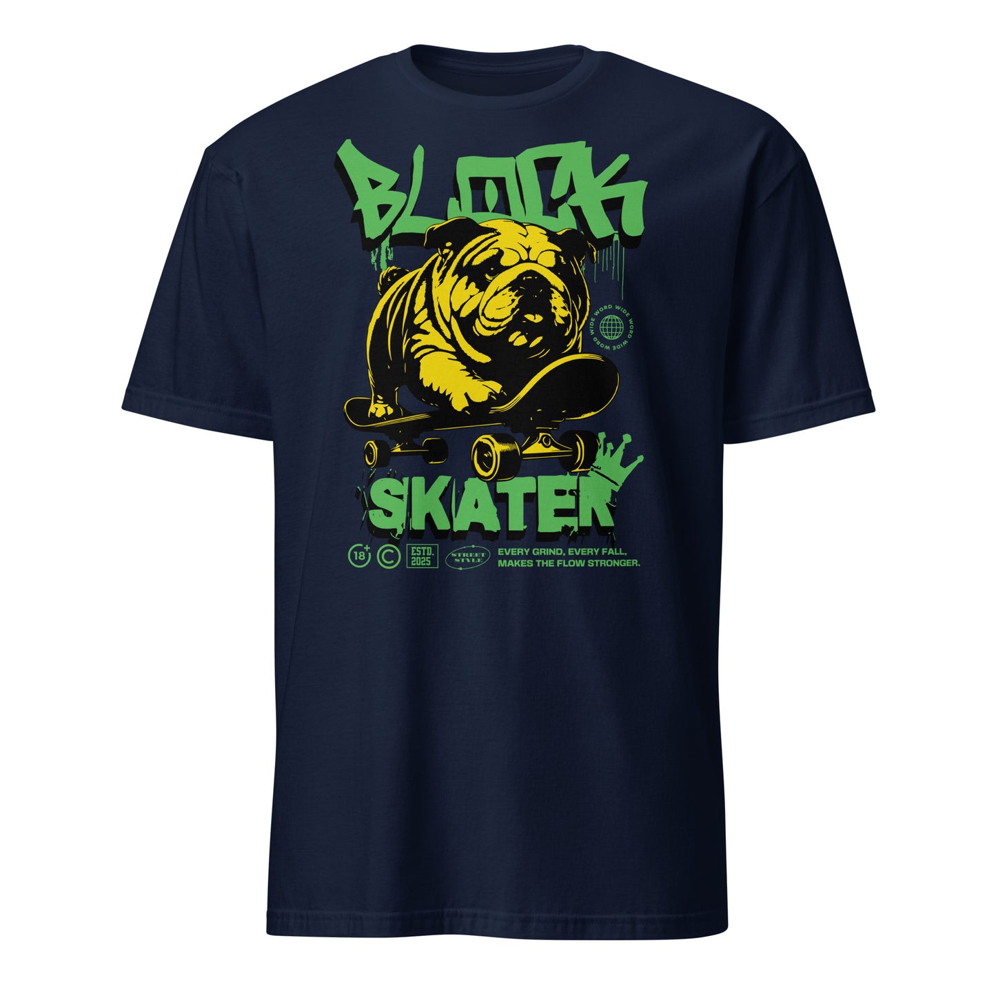 Unisex streetwear t-shirt with bold “BLOCK SKATER” graffiti design featuring bulldog on skateboard, cotton short sleeve tee by LostLogicCo Canada