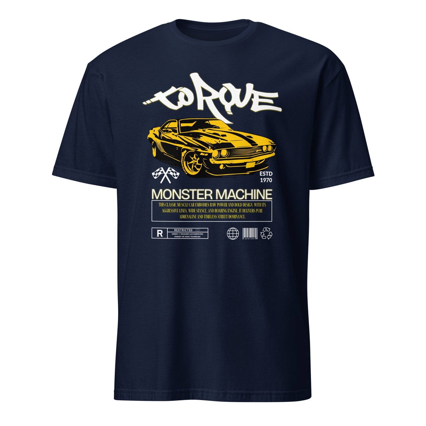 Unisex t-shirt with “Torque Monster Machine” yellow muscle car design and vintage typography, cotton short sleeve tee by LostLogicCo Canada