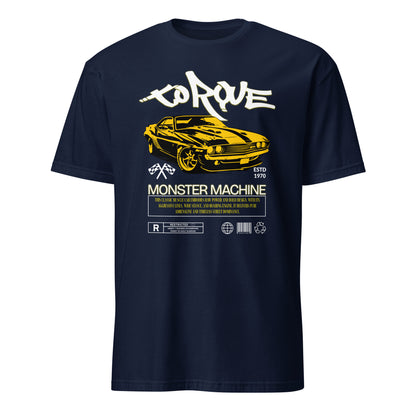 Unisex t-shirt with “Torque Monster Machine” yellow muscle car design and vintage typography, cotton short sleeve tee by LostLogicCo Canada