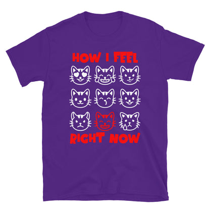 Unisex t-shirt with nine expressive cat faces and “How I Feel Right Now” text, funny mood graphic tee by LostLogicCo Canada
