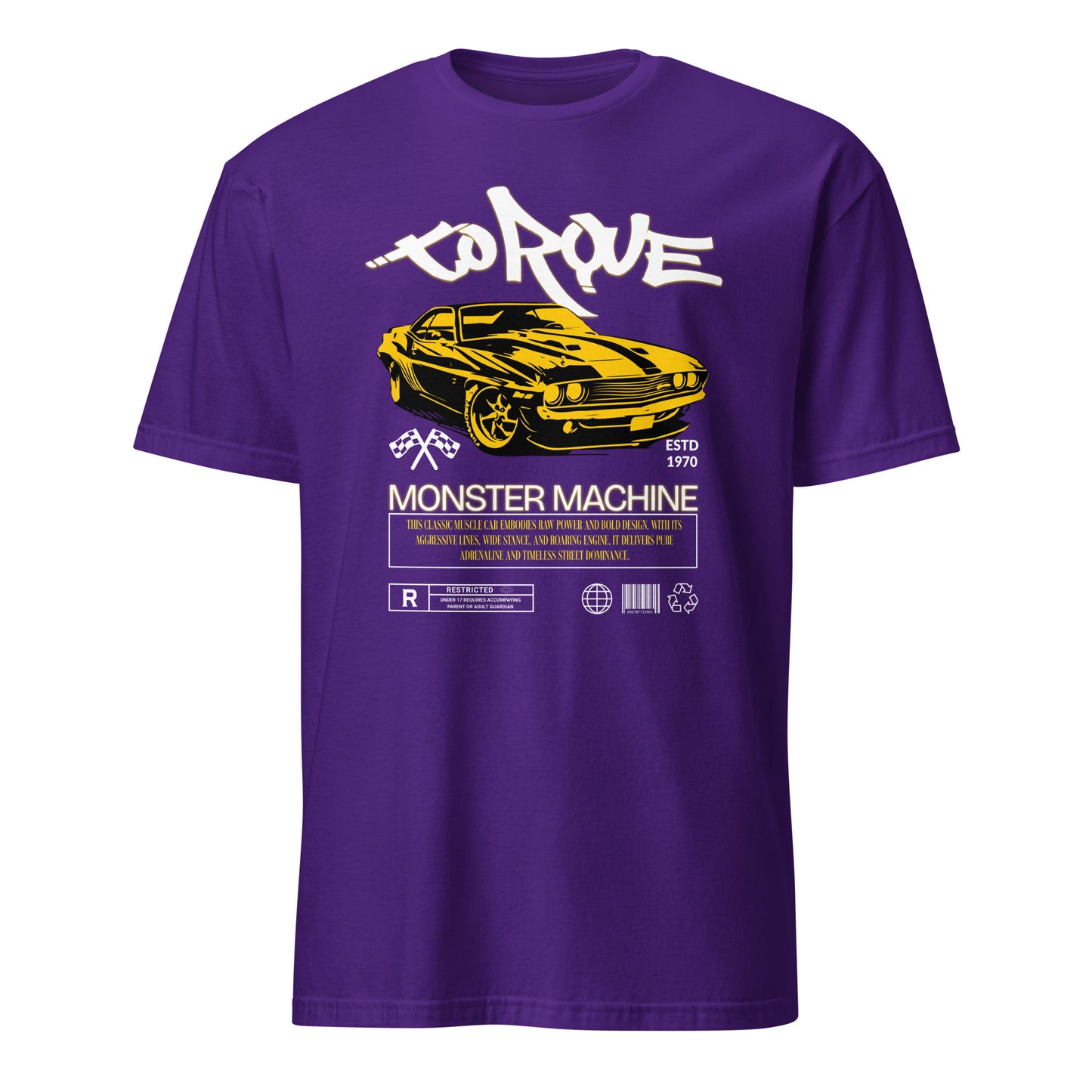 Unisex t-shirt with “Torque Monster Machine” yellow muscle car design and vintage typography, cotton short sleeve tee by LostLogicCo Canada
