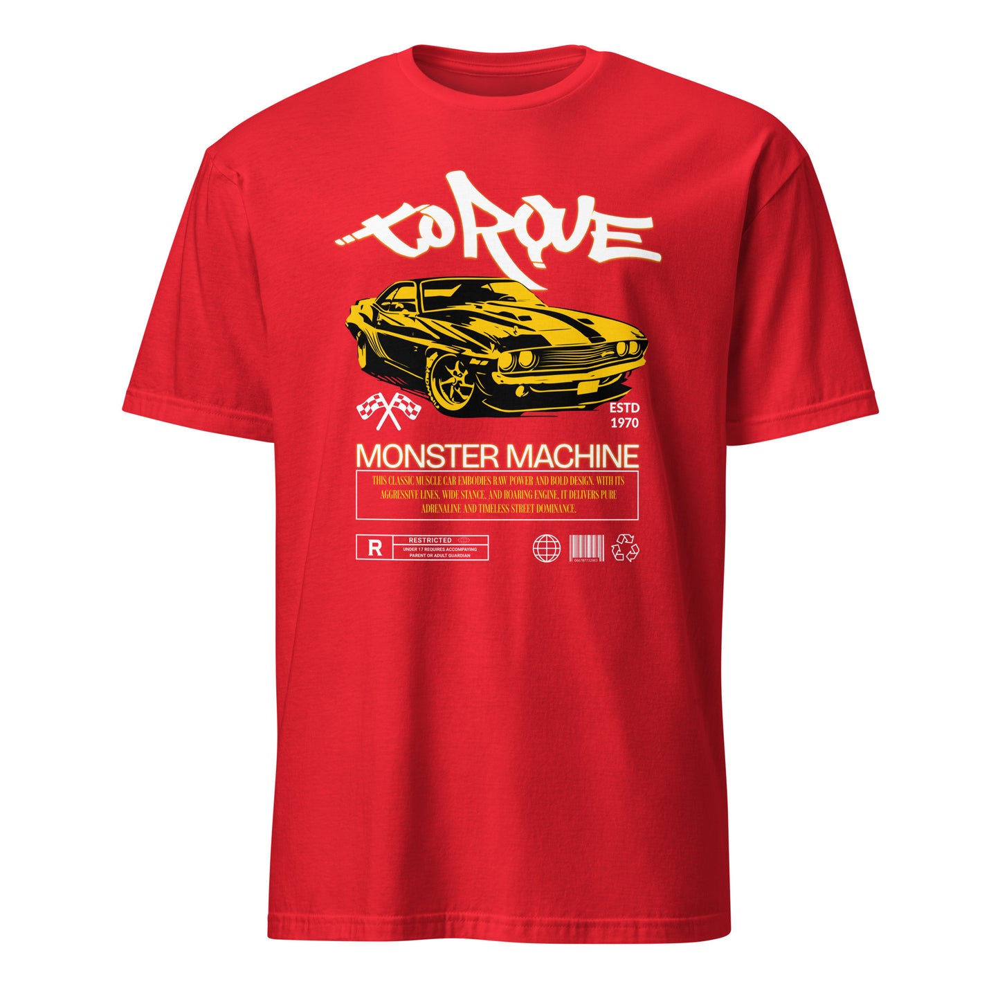 Unisex t-shirt with “Torque Monster Machine” yellow muscle car design and vintage typography, cotton short sleeve tee by LostLogicCo Canada