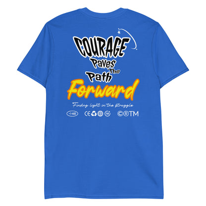 Unisex t-shirt with back print design “Courage Paves the Path Forward” in white and yellow text, motivational cotton tee by LostLogicCo Canada