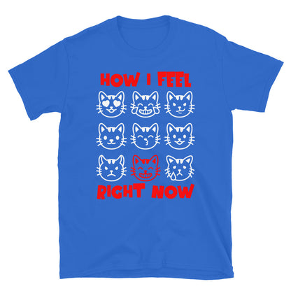 Unisex t-shirt with nine expressive cat faces and “How I Feel Right Now” text, funny mood graphic tee by LostLogicCo Canada