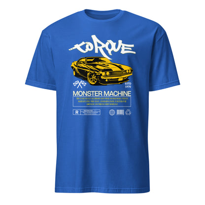 Unisex t-shirt with “Torque Monster Machine” yellow muscle car design and vintage typography, cotton short sleeve tee by LostLogicCo Canada