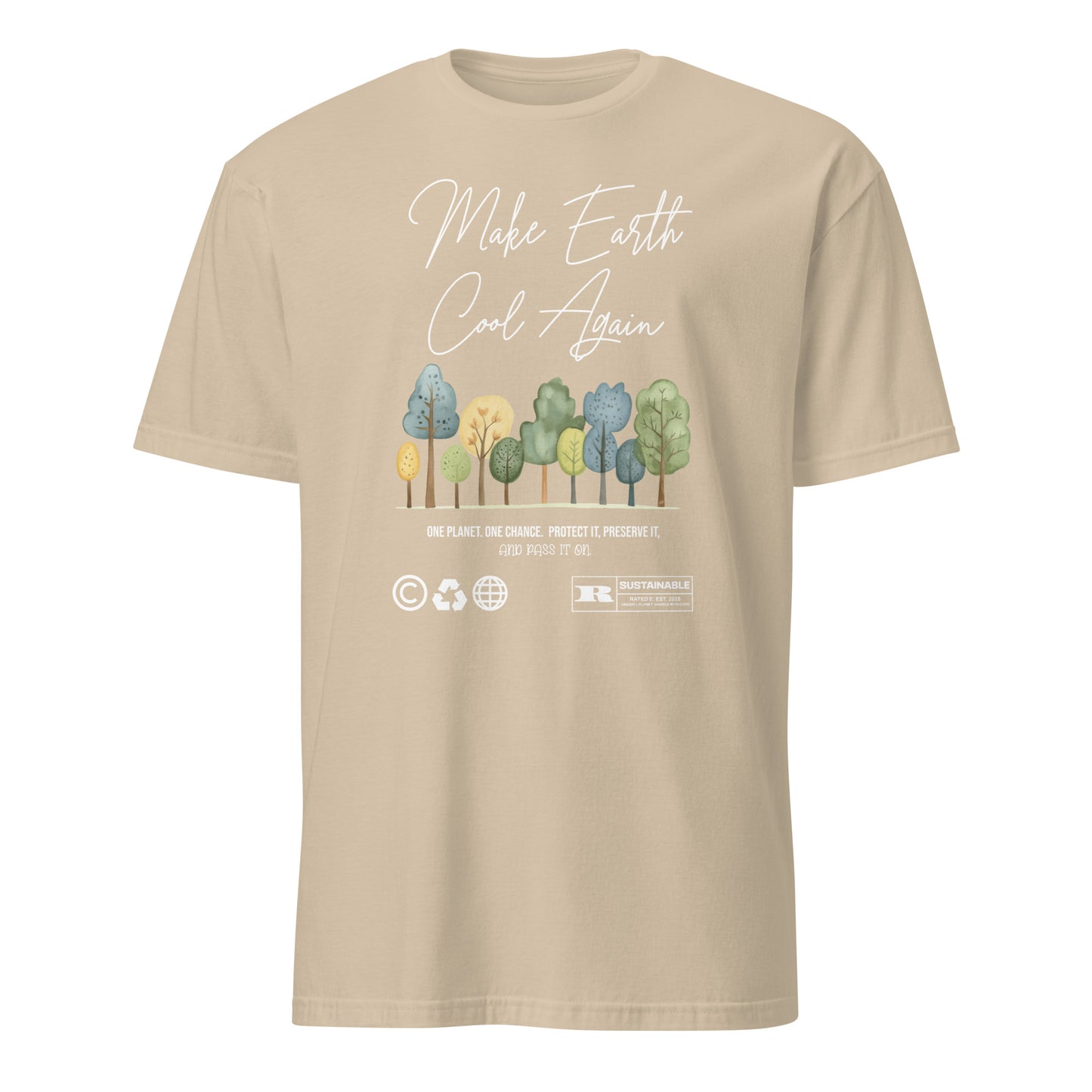 Unisex t-shirt with “Make Earth Cool Again” typography and pastel tree illustration, eco-awareness cotton tee by LostLogicCo Canada