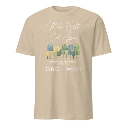 Unisex t-shirt with “Make Earth Cool Again” typography and pastel tree illustration, eco-awareness cotton tee by LostLogicCo Canada