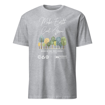 Unisex t-shirt with “Make Earth Cool Again” typography and pastel tree illustration, eco-awareness cotton tee by LostLogicCo Canada