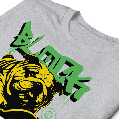 Unisex streetwear t-shirt with bold “BLOCK SKATER” graffiti design featuring bulldog on skateboard, cotton short sleeve tee by LostLogicCo Canada