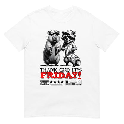 Unisex graphic t-shirt with “Thank God It’s Friday!” cartoon character design, soft cotton short sleeve tee by LostLogicCo Canada