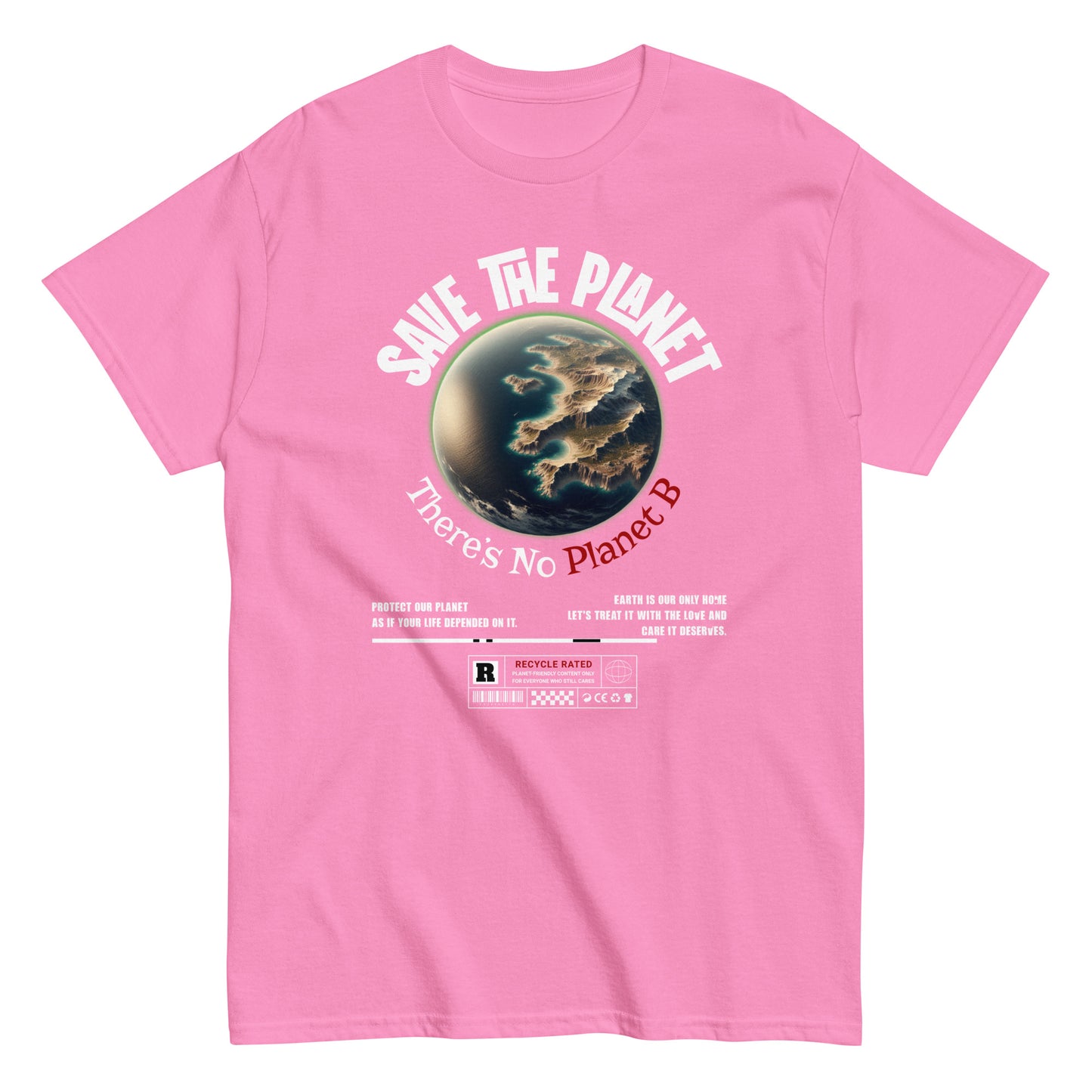 Unisex t-shirt with “Save The Planet There’s No Planet B” text and Earth illustration, eco-awareness cotton tee by LostLogicCo Canada