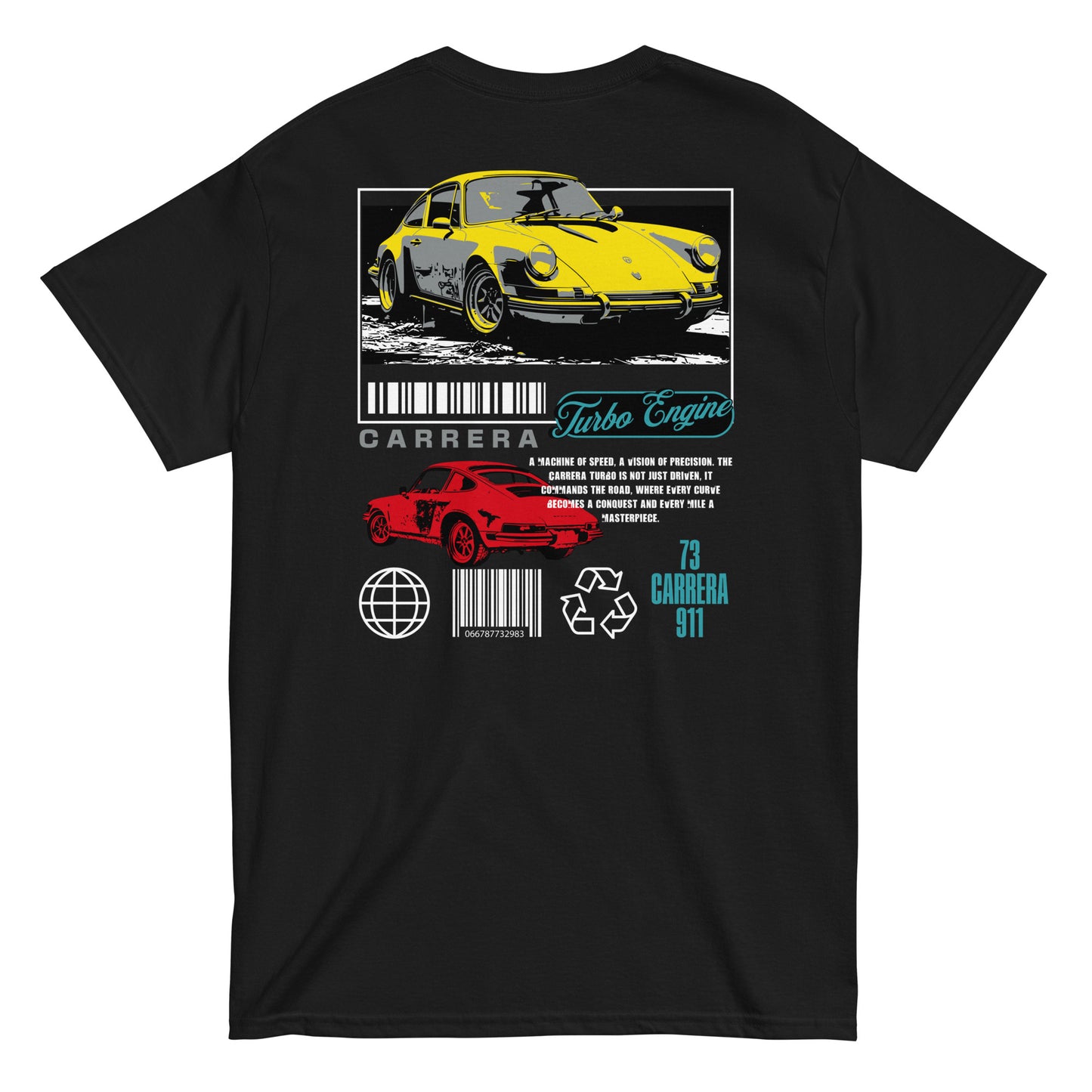 Unisex t-shirt with back print featuring yellow and red Carrera 911 car design and “Turbo Engine” text, car graphic tee by LostLogicCo Canada