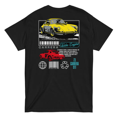 Unisex t-shirt with back print featuring yellow and red Carrera 911 car design and “Turbo Engine” text, car graphic tee by LostLogicCo Canada