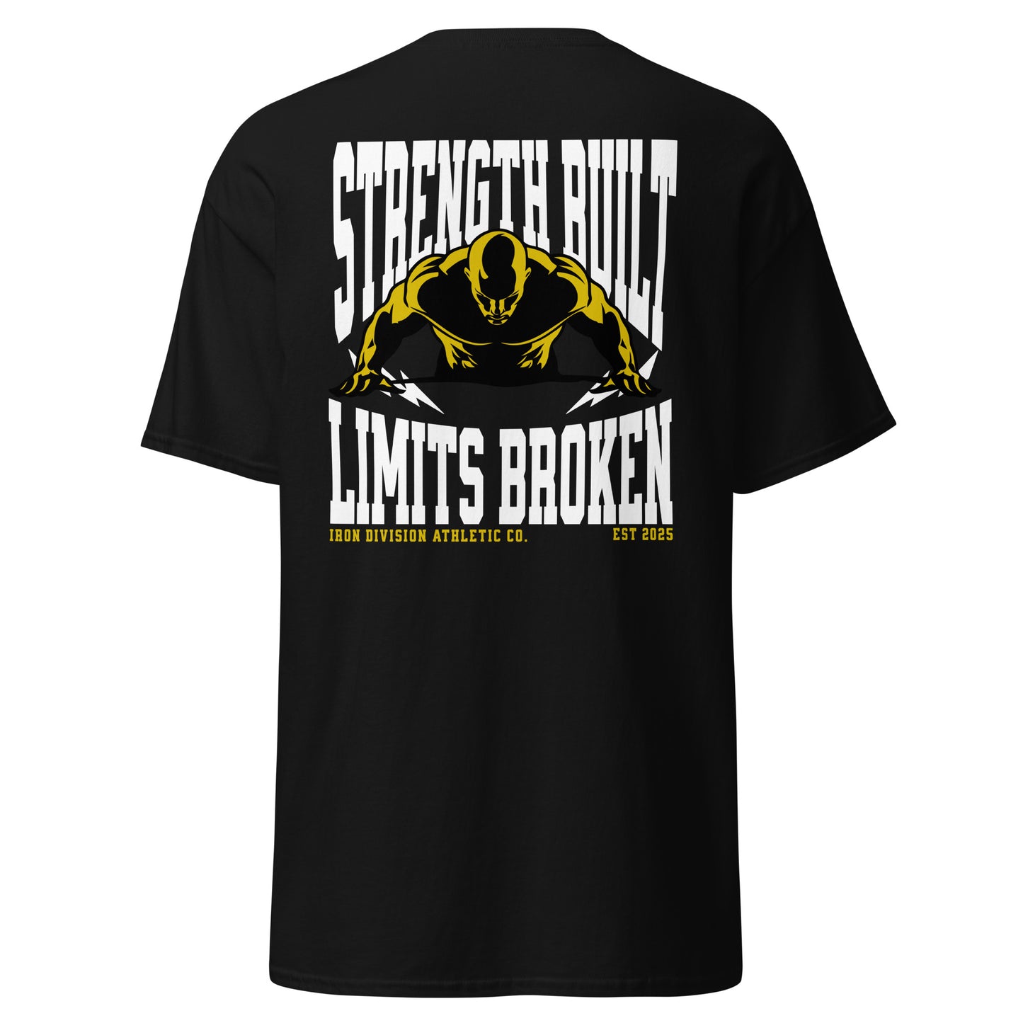 Unisex t-shirt with back print “Strength Built Limits Broken” in white and yellow with athlete illustration, cotton tee by LostLogicCo Canada