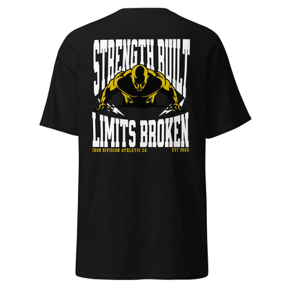 Unisex t-shirt with back print “Strength Built Limits Broken” in white and yellow with athlete illustration, cotton tee by LostLogicCo Canada