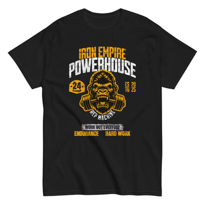 Unisex gym graphic t-shirt with “Iron Empire Powerhouse” gorilla design, cotton short sleeve tee by LostLogicCo Canada