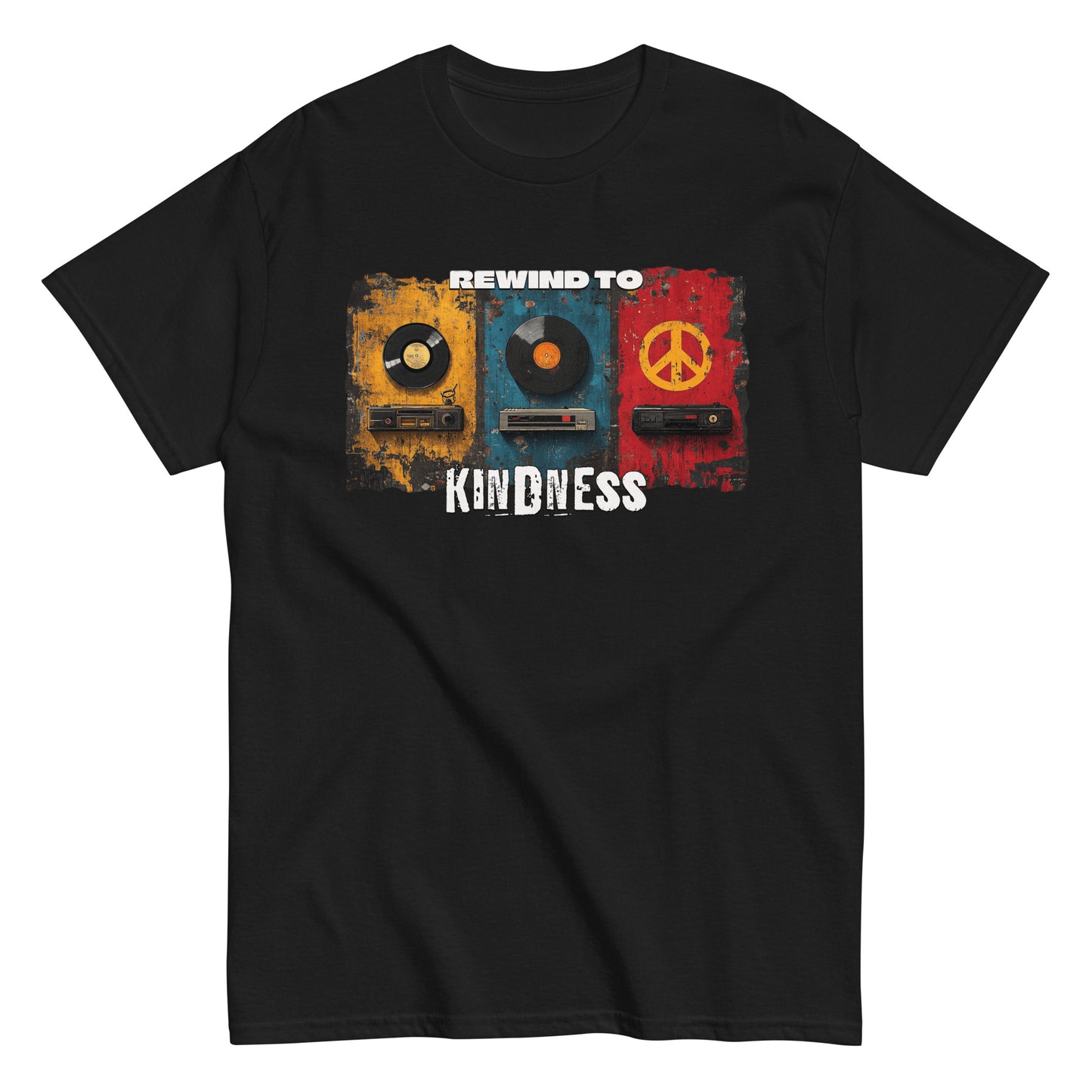 Unisex graphic t-shirt with “Rewind to Kindness” retro design, cotton short sleeve tee by LostLogicCo Canada