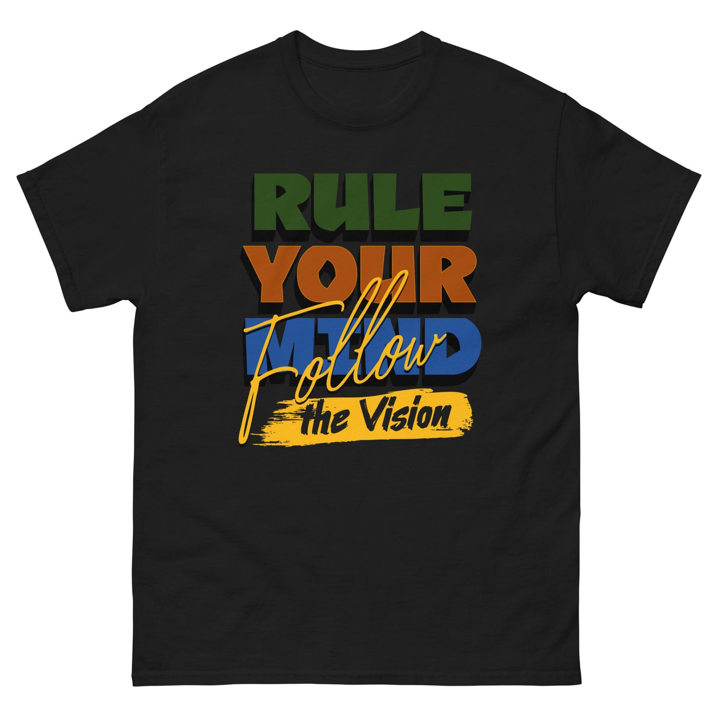 Unisex typography t-shirt with “Rule Your Mind Follow the Vision” motivational design, cotton short sleeve tee by LostLogicCo Canada