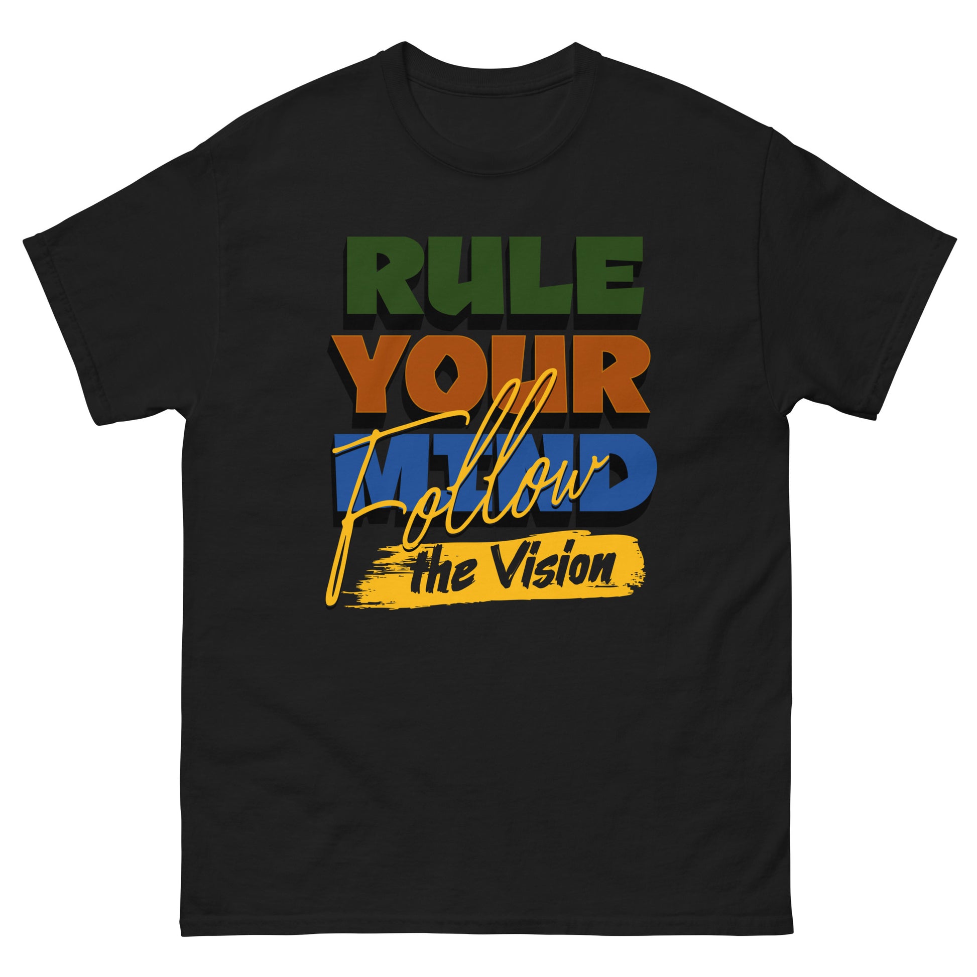 Unisex typography t-shirt with “Rule Your Mind Follow the Vision” motivational design, cotton short sleeve tee by LostLogicCo Canada