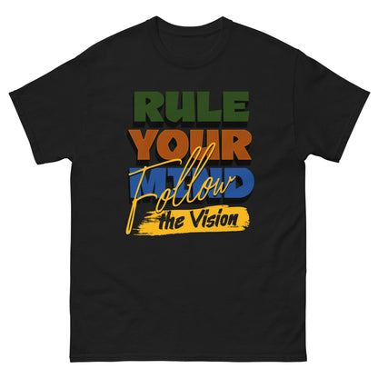 Unisex typography t-shirt with “Rule Your Mind Follow the Vision” motivational design, cotton short sleeve tee by LostLogicCo Canada