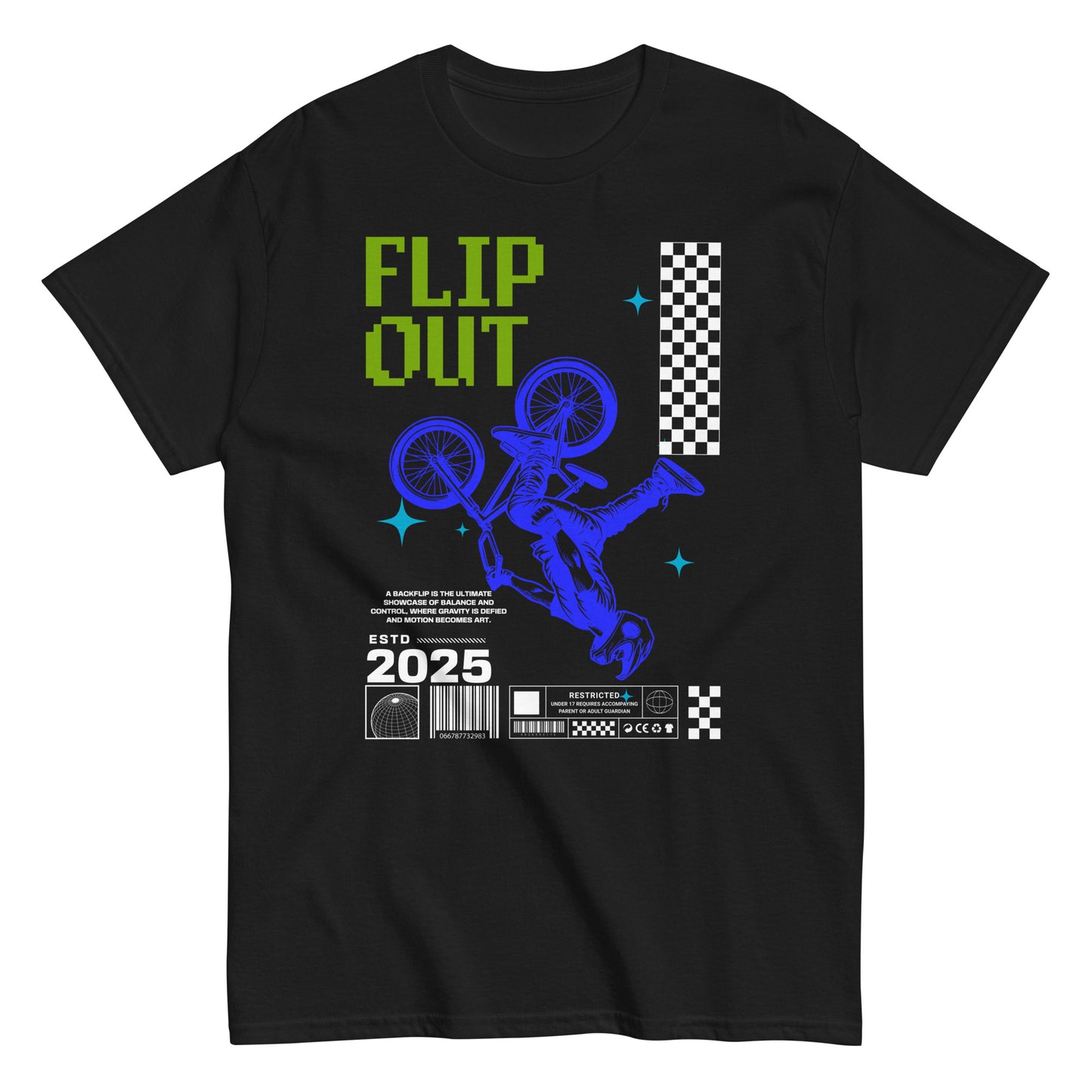 Unisex t-shirt with neon-blue BMX rider doing a flip and “Flip Out 2025” text, action sports graphic tee by LostLogicCo Canada