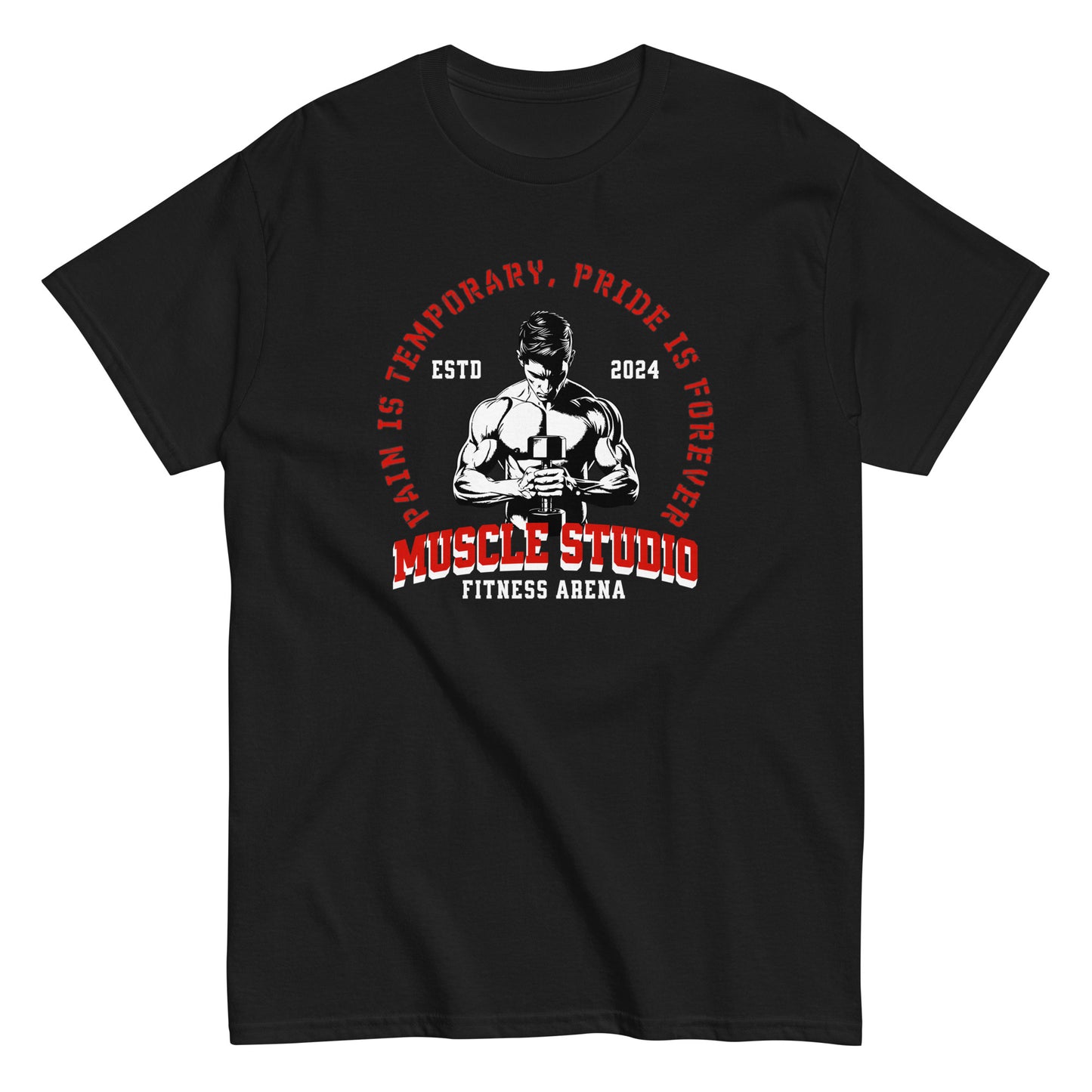 Unisex gym t-shirt with “Pain is Temporary, Pride is Forever” and “Muscle Studio Fitness Arena” weightlifter design, cotton tee by LostLogicCo Canada