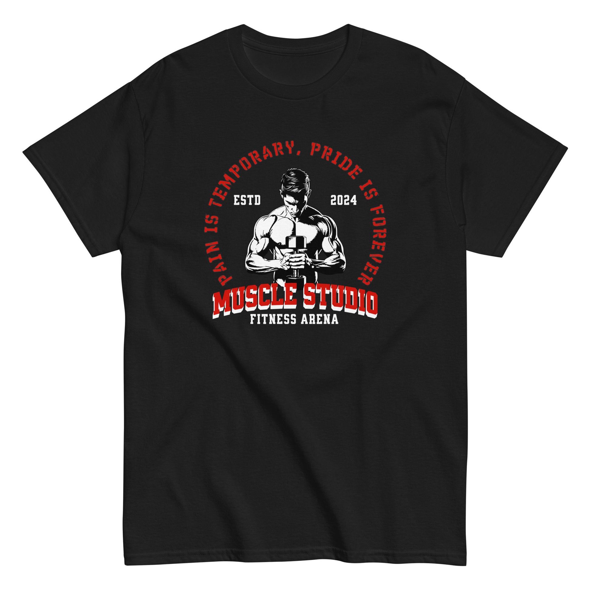 Unisex gym t-shirt with “Pain is Temporary, Pride is Forever” and “Muscle Studio Fitness Arena” weightlifter design, cotton tee by LostLogicCo Canada