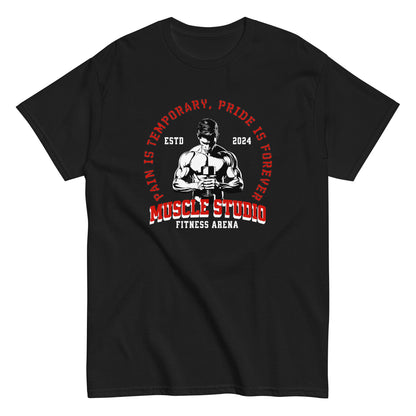 Unisex gym t-shirt with “Pain is Temporary, Pride is Forever” and “Muscle Studio Fitness Arena” weightlifter design, cotton tee by LostLogicCo Canada
