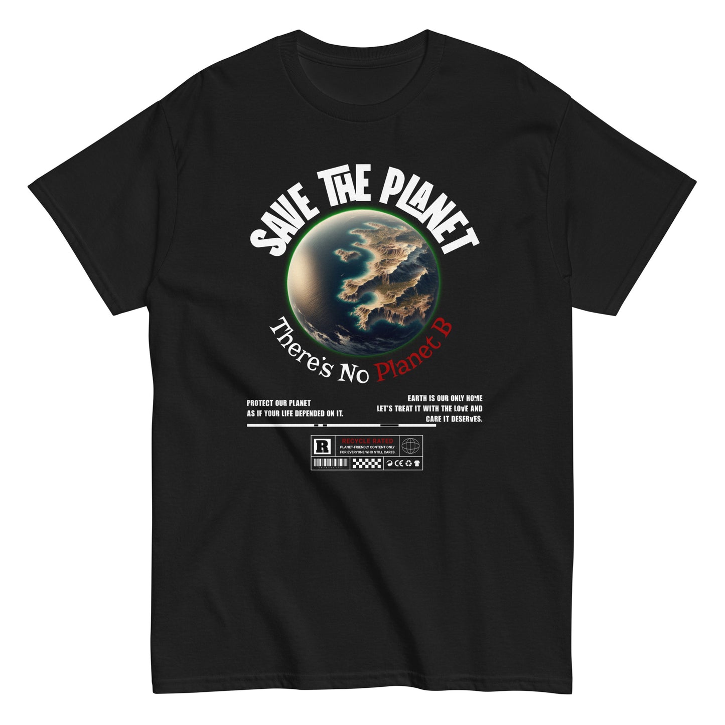 Unisex t-shirt with “Save The Planet There’s No Planet B” text and Earth illustration, eco-awareness cotton tee by LostLogicCo Canada