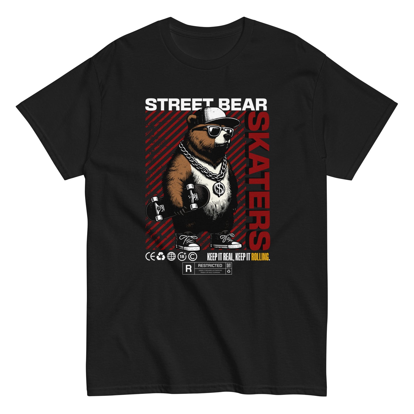 Unisex t-shirt with “Street Bear Skaters” design featuring cool bear with skateboard, red streetwear typography, cotton tee by LostLogicCo Canada