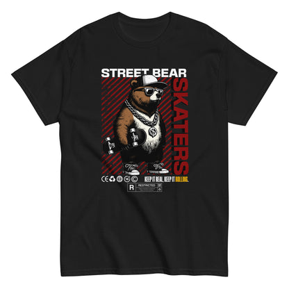 Unisex t-shirt with “Street Bear Skaters” design featuring cool bear with skateboard, red streetwear typography, cotton tee by LostLogicCo Canada