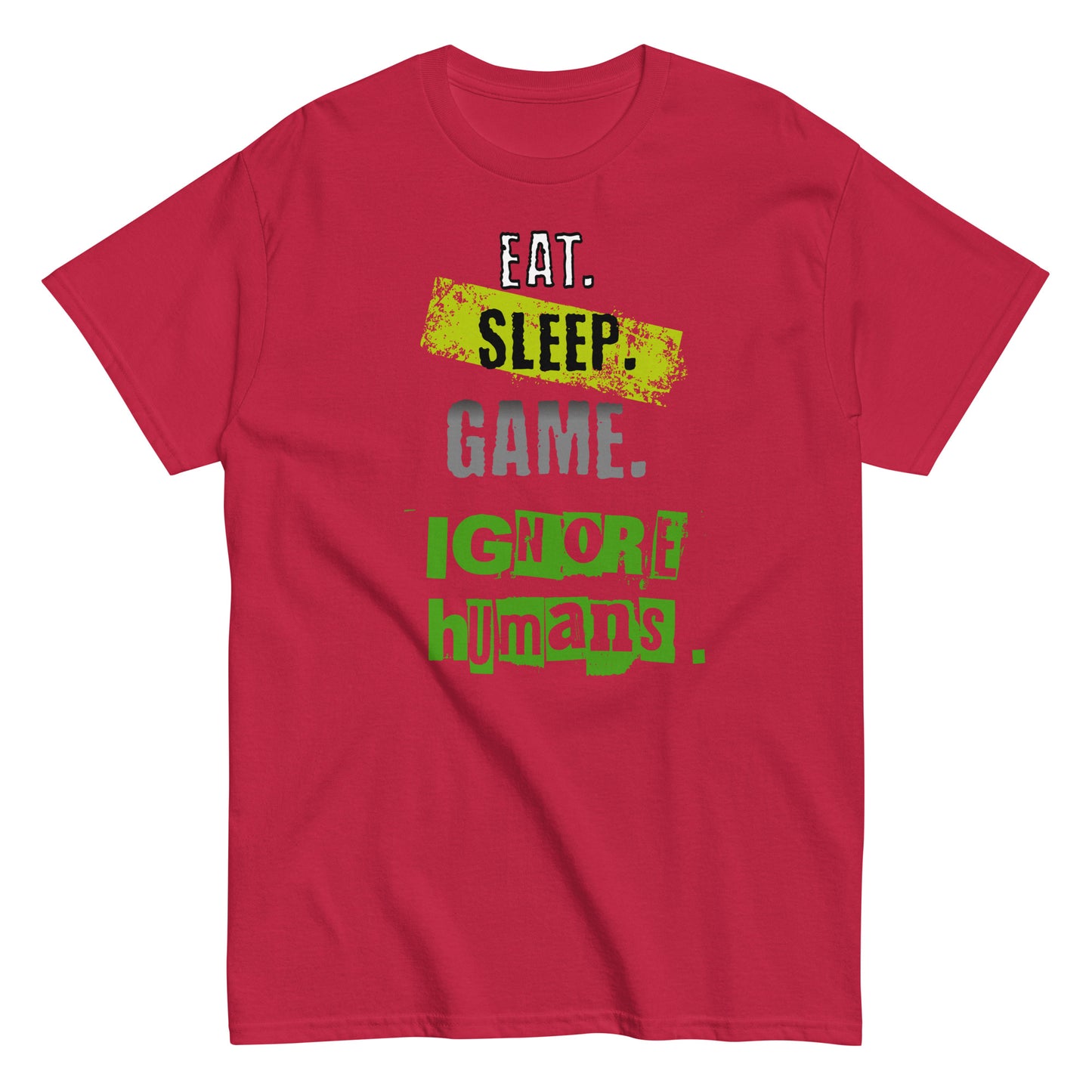 Unisex gamer typography t-shirt with “Eat Sleep Game Ignore Humans” design, short sleeve cotton tee by LostLogicCo Canada