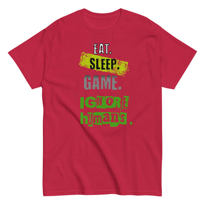 Unisex gamer typography t-shirt with “Eat Sleep Game Ignore Humans” design, short sleeve cotton tee by LostLogicCo Canada