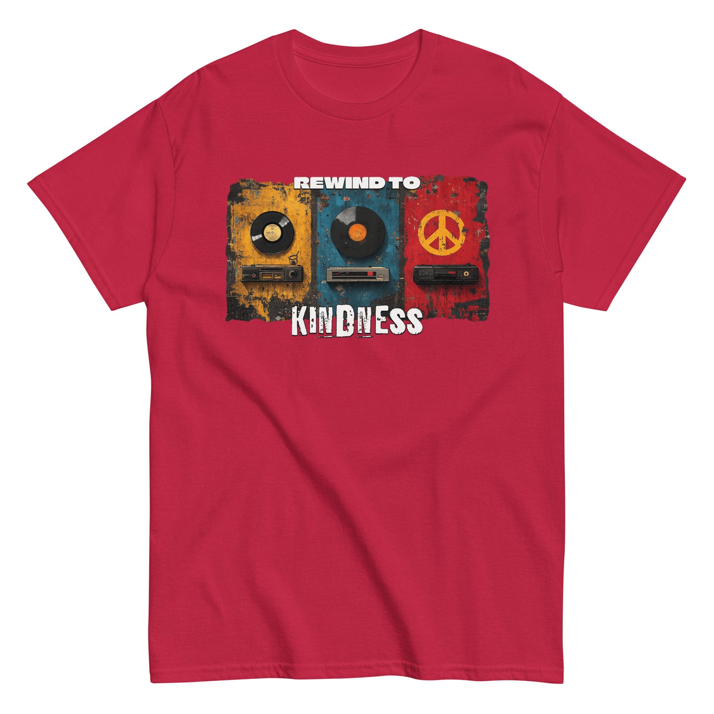 Unisex graphic t-shirt with “Rewind to Kindness” retro design, cotton short sleeve tee by LostLogicCo Canada