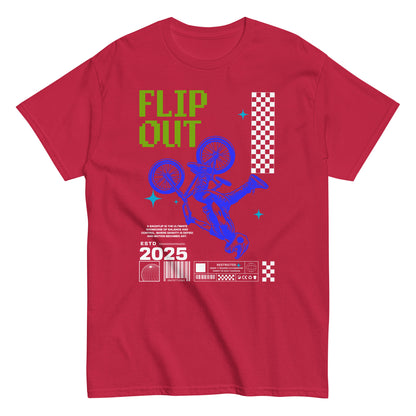 Unisex t-shirt with neon-blue BMX rider doing a flip and “Flip Out 2025” text, action sports graphic tee by LostLogicCo Canada