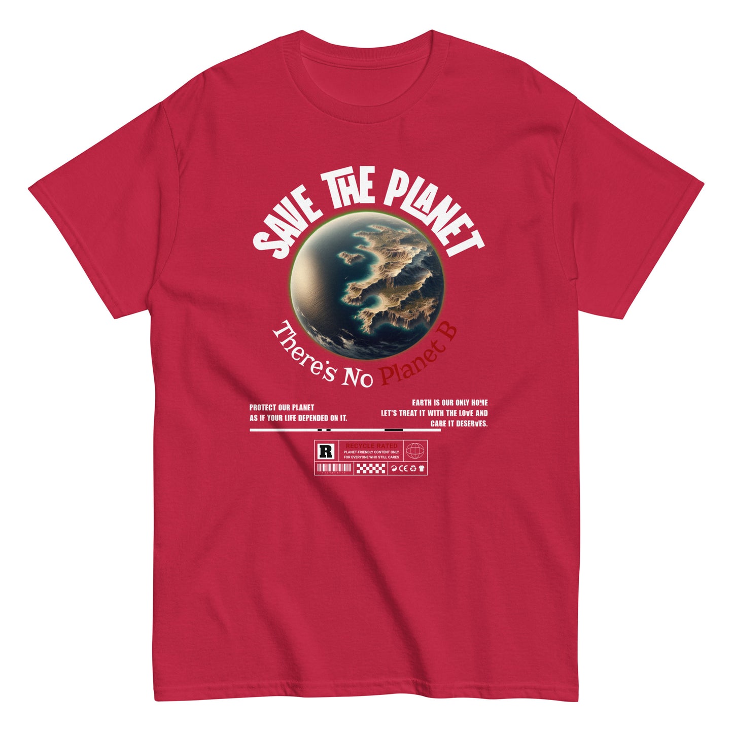 Unisex t-shirt with “Save The Planet There’s No Planet B” text and Earth illustration, eco-awareness cotton tee by LostLogicCo Canada