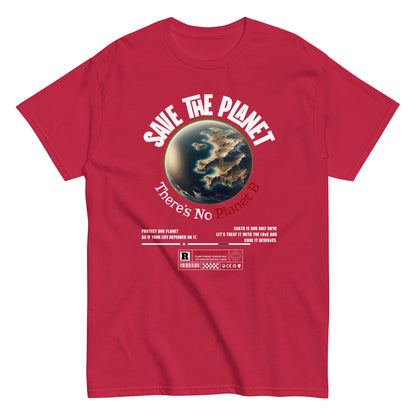 Unisex t-shirt with “Save The Planet There’s No Planet B” text and Earth illustration, eco-awareness cotton tee by LostLogicCo Canada