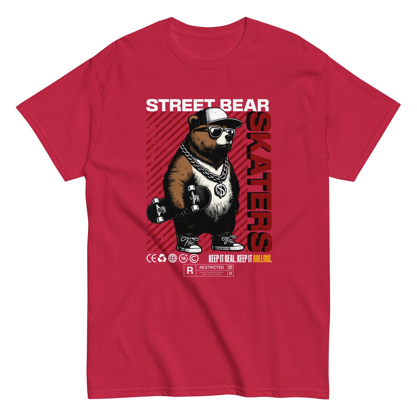 Unisex t-shirt with “Street Bear Skaters” design featuring cool bear with skateboard, red streetwear typography, cotton tee by LostLogicCo Canada