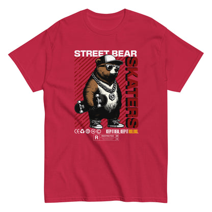Unisex t-shirt with “Street Bear Skaters” design featuring cool bear with skateboard, red streetwear typography, cotton tee by LostLogicCo Canada
