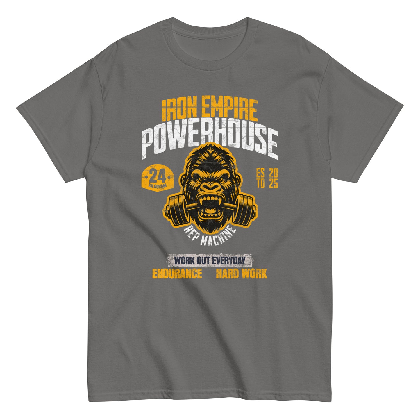 Unisex gym graphic t-shirt with “Iron Empire Powerhouse” gorilla design, cotton short sleeve tee by LostLogicCo Canada