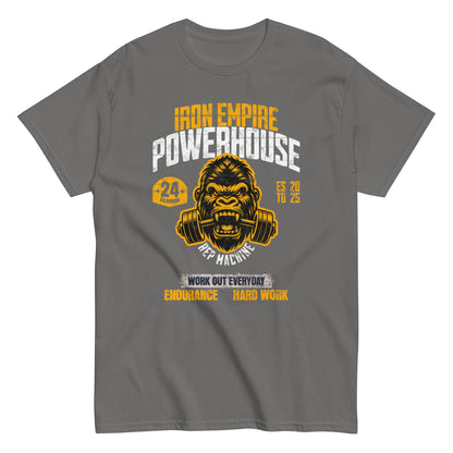 Unisex gym graphic t-shirt with “Iron Empire Powerhouse” gorilla design, cotton short sleeve tee by LostLogicCo Canada