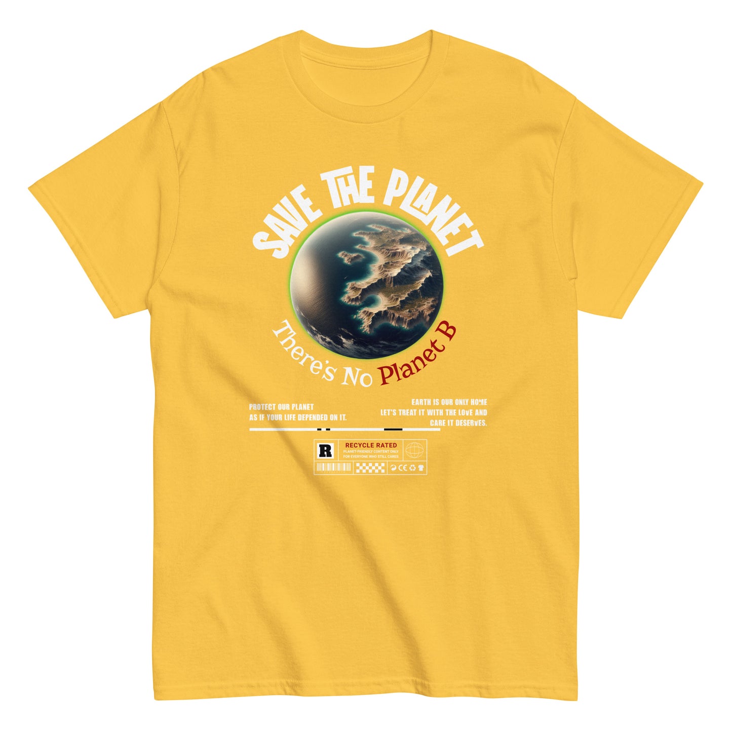 Unisex t-shirt with “Save The Planet There’s No Planet B” text and Earth illustration, eco-awareness cotton tee by LostLogicCo Canada