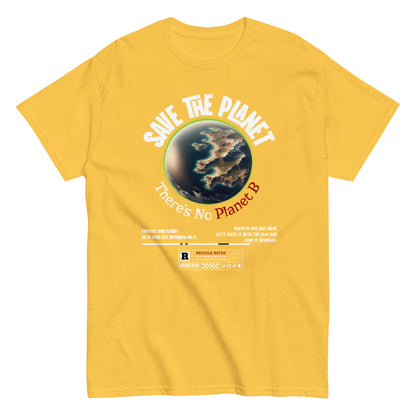 Unisex t-shirt with “Save The Planet There’s No Planet B” text and Earth illustration, eco-awareness cotton tee by LostLogicCo Canada