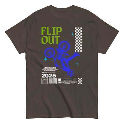 Unisex t-shirt with neon-blue BMX rider doing a flip and “Flip Out 2025” text, action sports graphic tee by LostLogicCo Canada