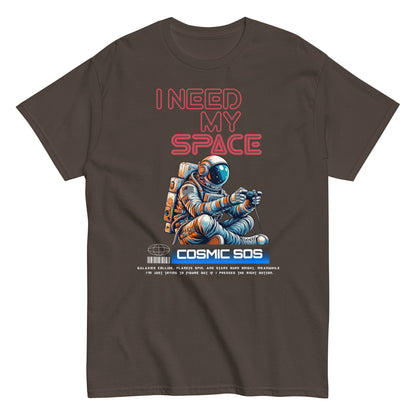 Unisex t-shirt with astronaut illustration and “I Need My Space Cosmic SOS” typography, space-themed cotton tee by LostLogicCo Canada
