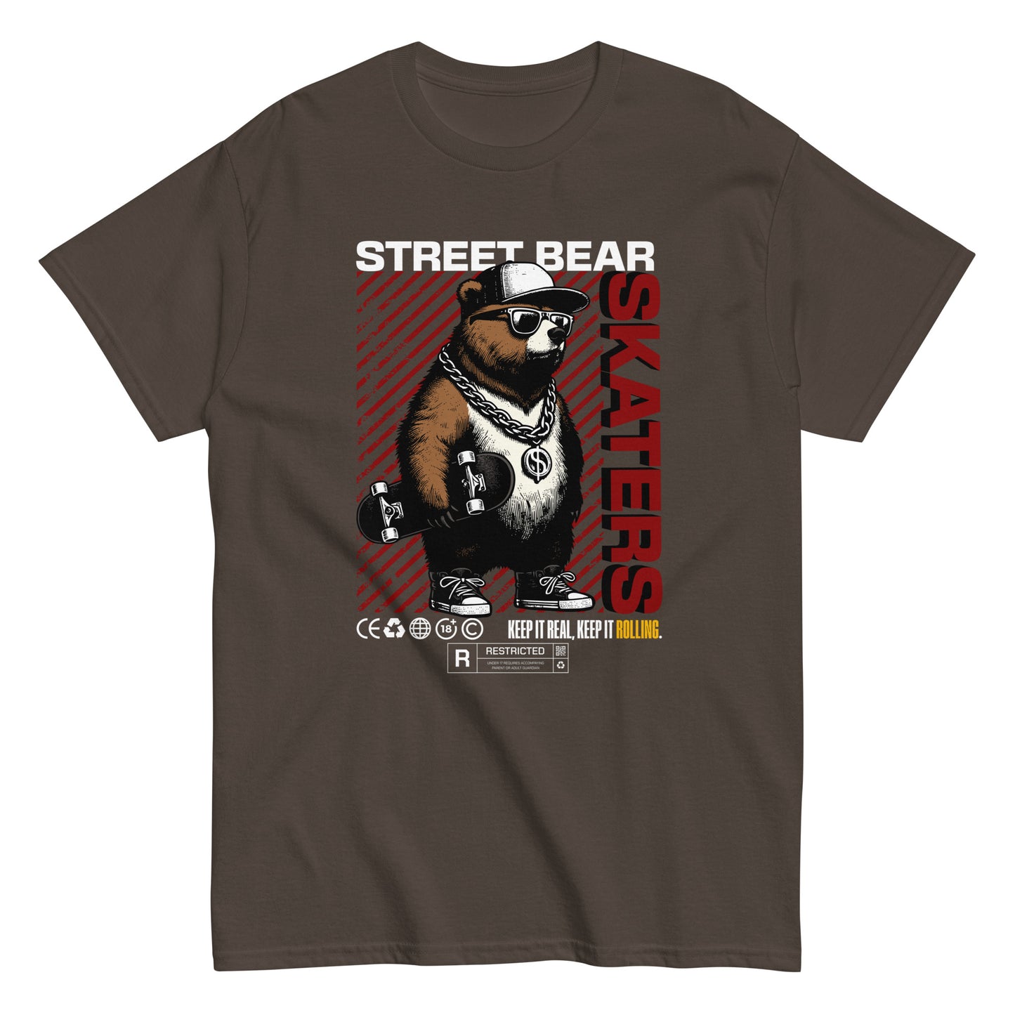 Unisex t-shirt with “Street Bear Skaters” design featuring cool bear with skateboard, red streetwear typography, cotton tee by LostLogicCo Canada
